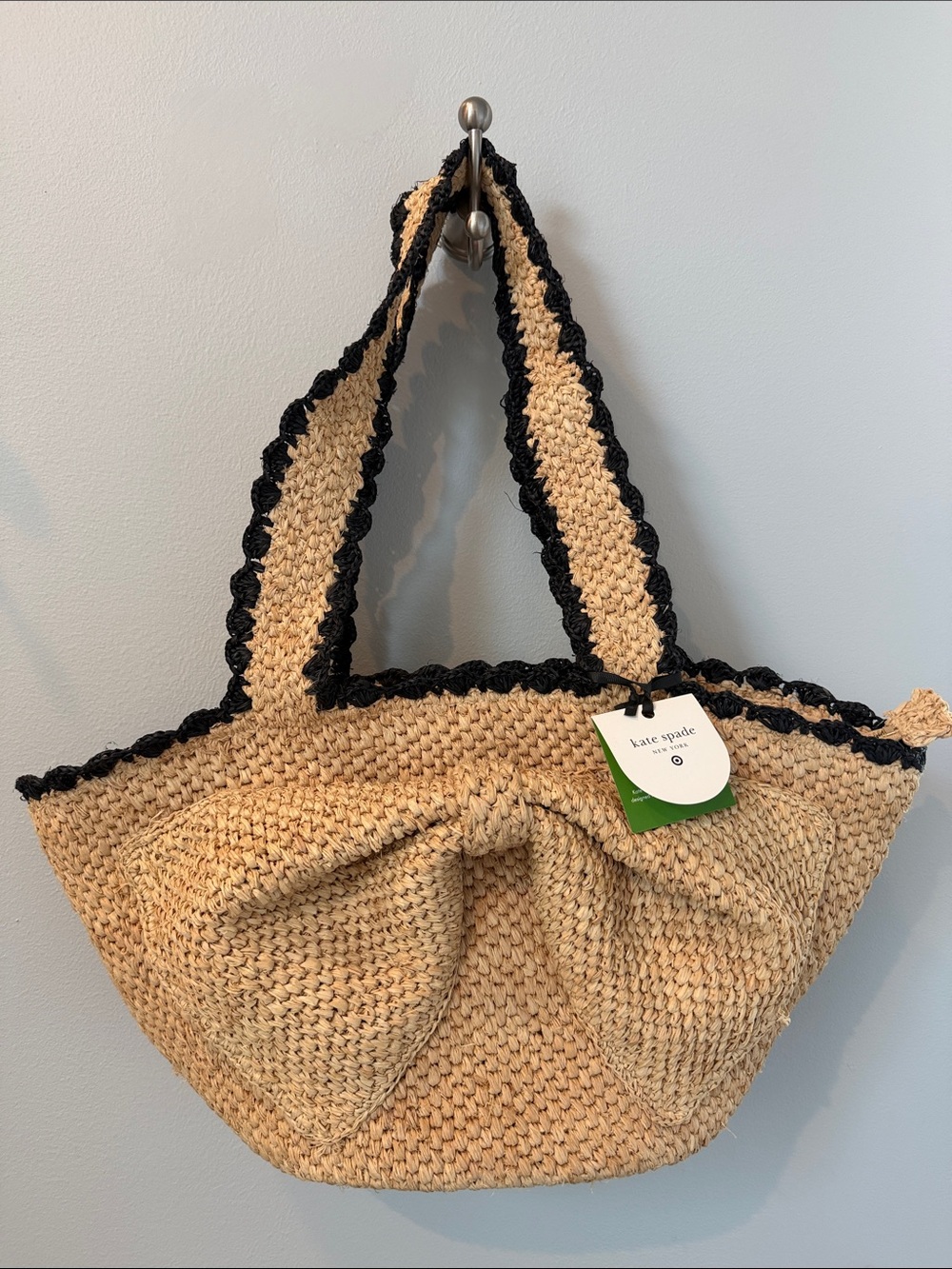 kate spade Straw Tote with Black Trim and Bow Accent